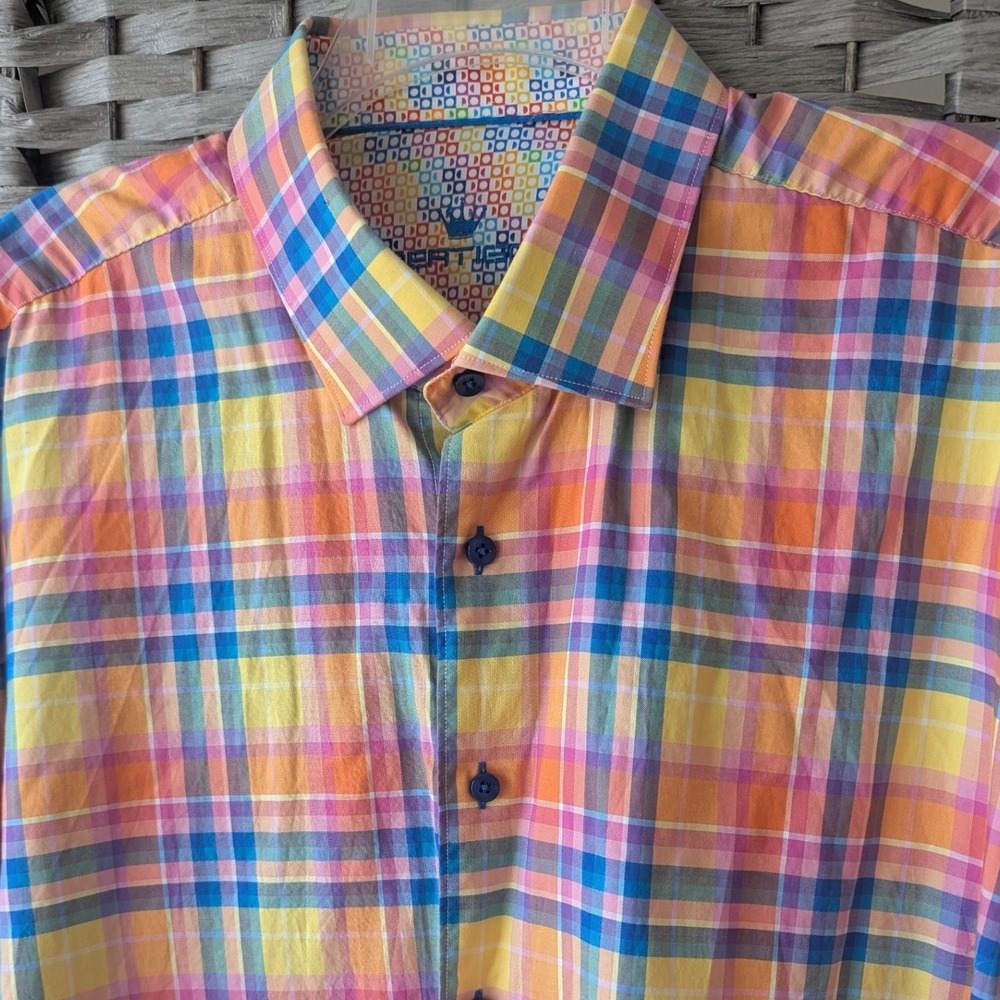 Bertigo Button Up Shirt Rainbow Plaid Short Sleeve Mens 3XL Preppy Coastal EUC